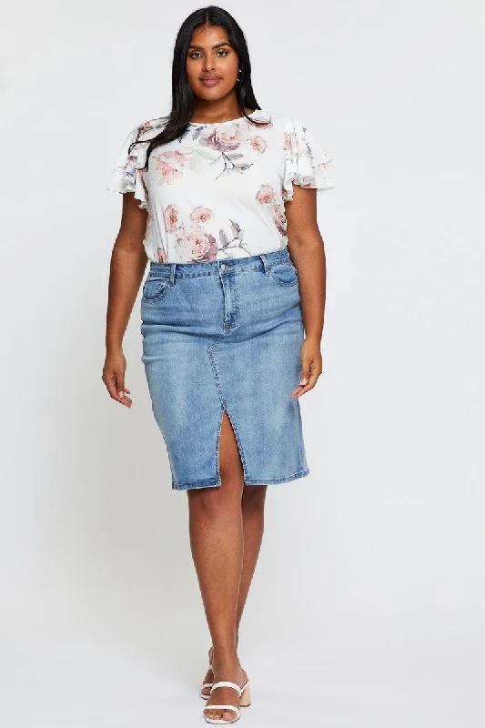 Blue Midi Skirt Denim Front Split