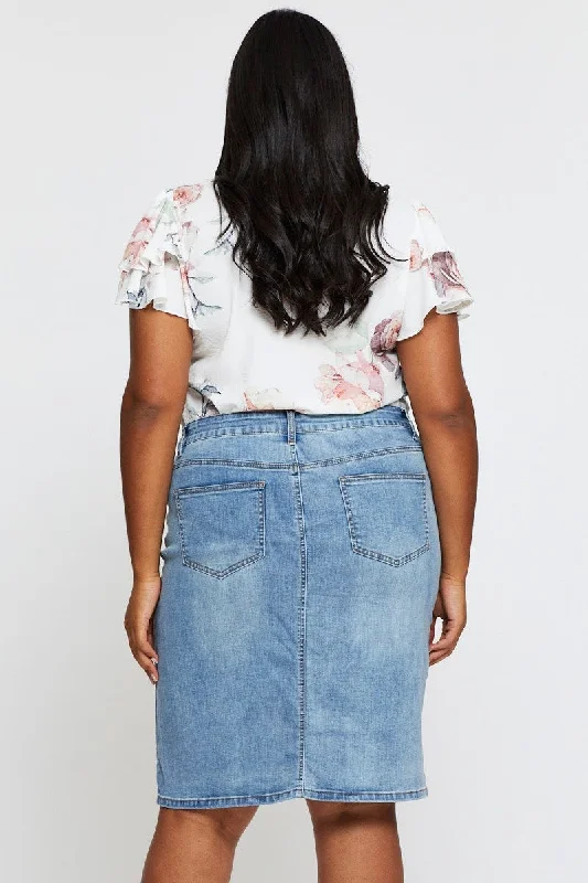 Blue Midi Skirt Denim Front Split