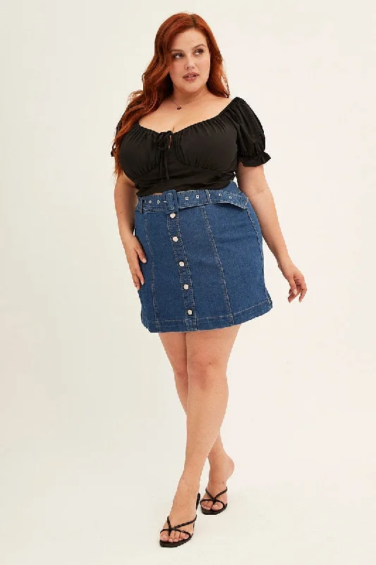 Denim Blue Mid Wash Denim Belted Button Front Mini Skirt