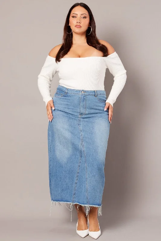 Denim Distressed Denim V Front Maxi Skirt