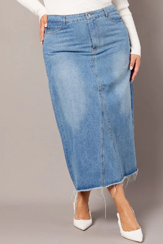 Denim Distressed Denim V Front Maxi Skirt