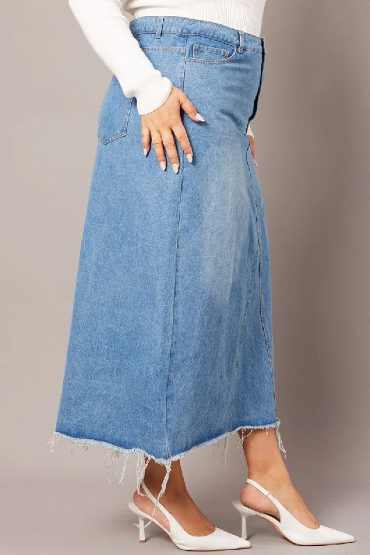 Denim Distressed Denim V Front Maxi Skirt