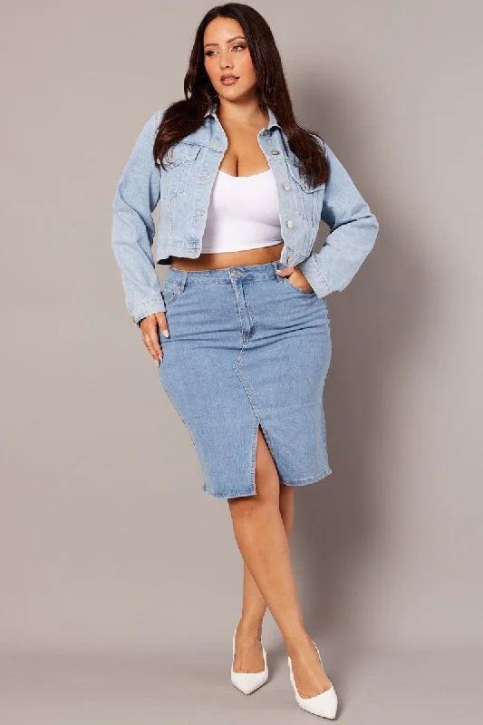 Denim Knee Length Stretch Denim Skirt