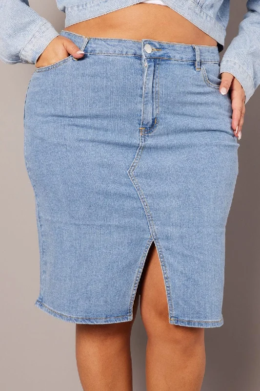 Denim Knee Length Stretch Denim Skirt