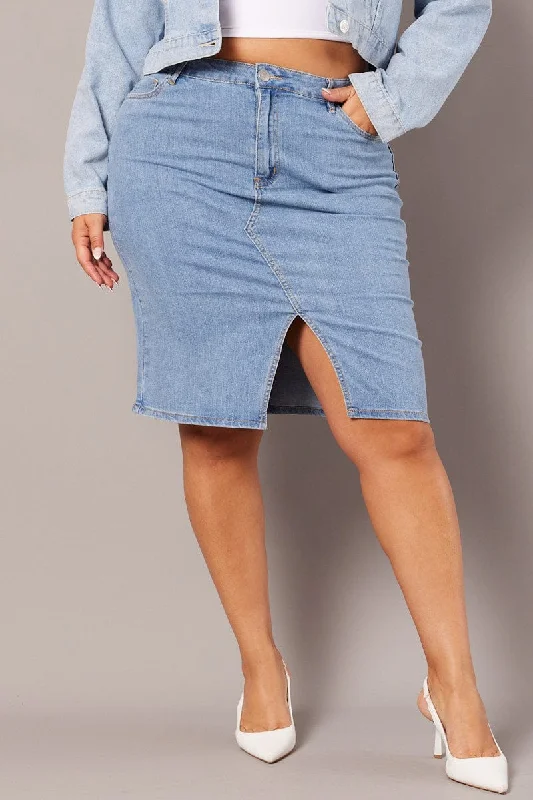 Denim Knee Length Stretch Denim Skirt