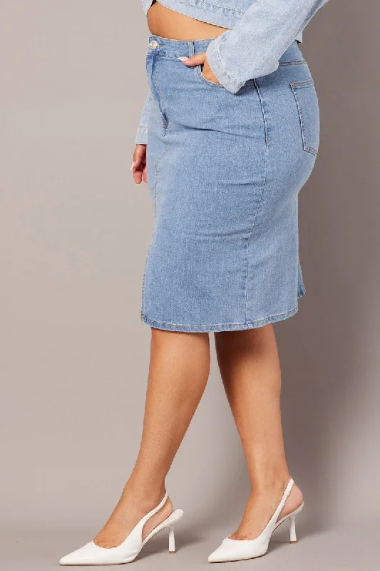 Denim Knee Length Stretch Denim Skirt