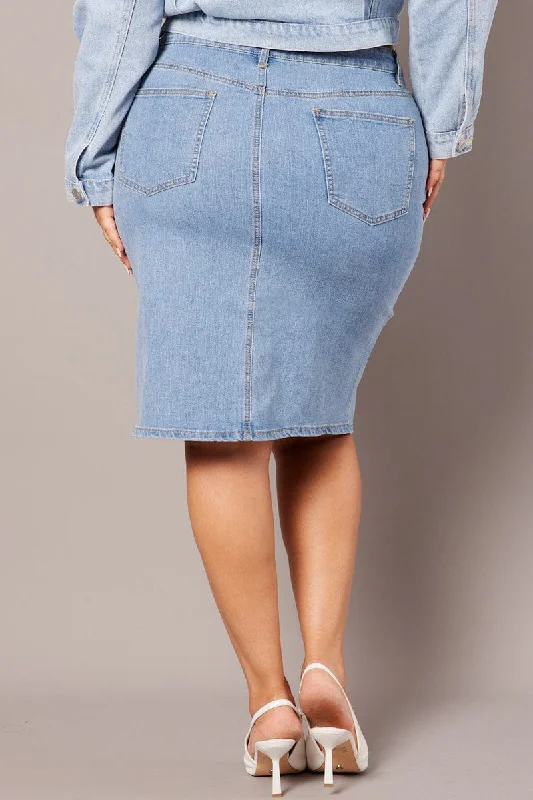 Denim Knee Length Stretch Denim Skirt