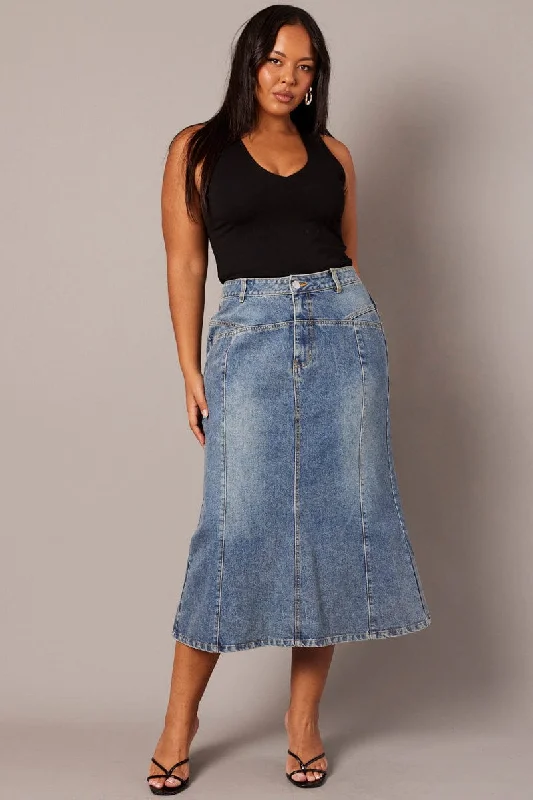 Denim Panel Midi Skirt