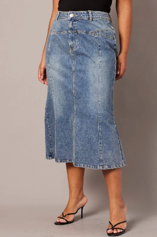 Denim Panel Midi Skirt