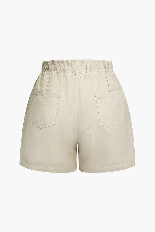 Basic  Solid Shirred Waistband Pocket Shorts