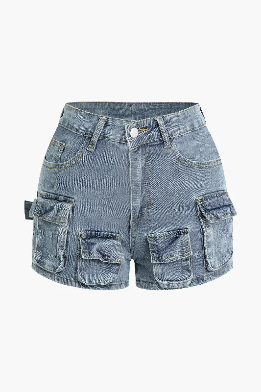 Multi-Pocket Denim Cargo Shorts