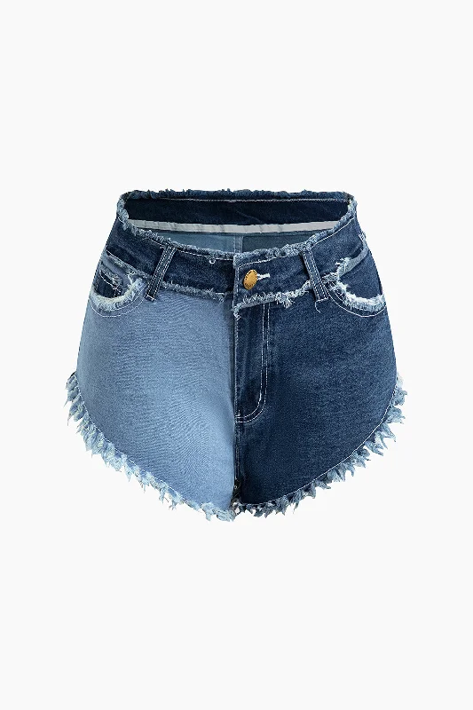 Contrast Fringe Hem Denim Shorts