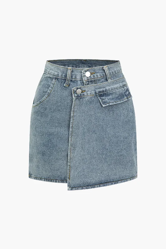 Solid Asymmetrical Denim Shorts