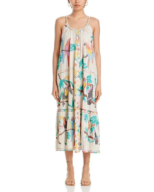 Stitched Maxi Dress In Stitched Birds Scarfs Off-White