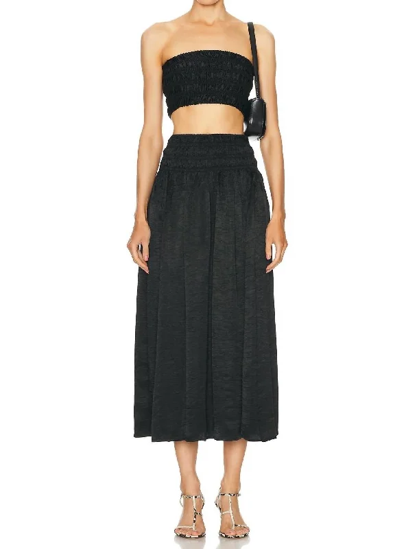 Textured Satin Smocked Skirt In Black