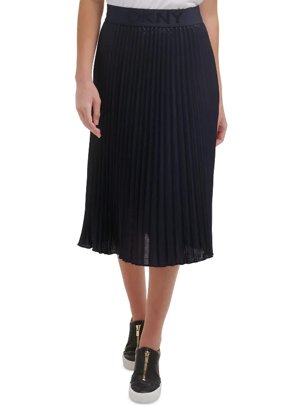 Womens Midi Elastic Waistband Pleated Skirt