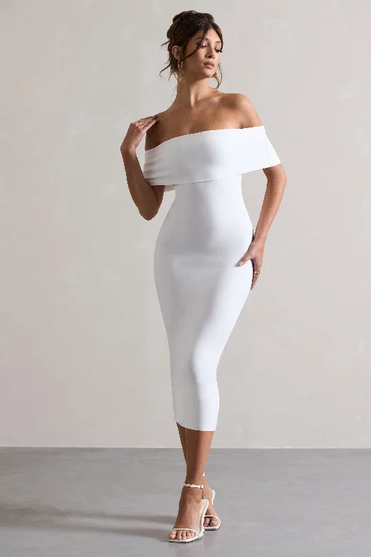 Averie | White Bodycon Bardot Midi Dress