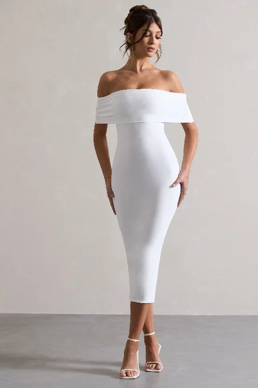 Averie | White Bodycon Bardot Midi Dress