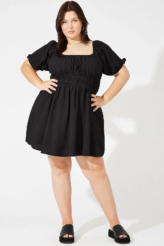 Black Fit And Flare Dress Short Sleeve Shirred Waist