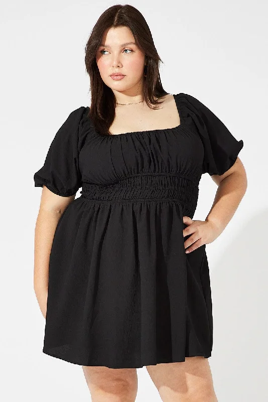 Black Fit And Flare Dress Short Sleeve Shirred Waist