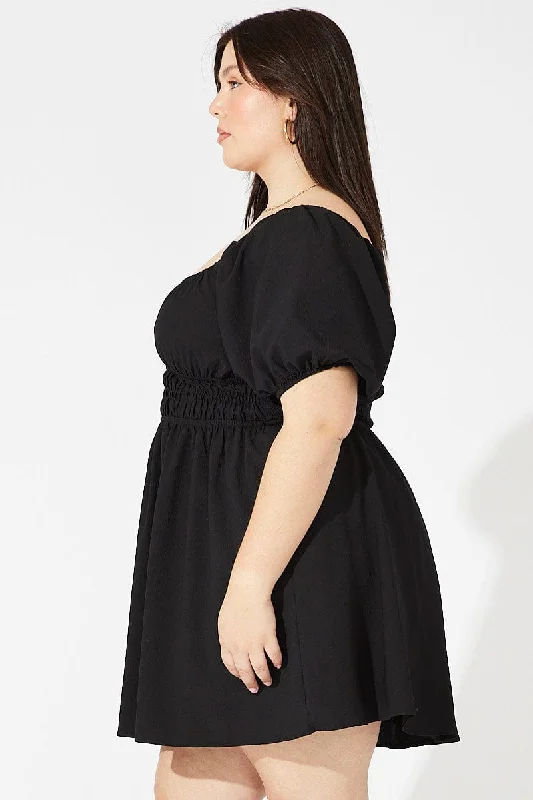 Black Fit And Flare Dress Short Sleeve Shirred Waist