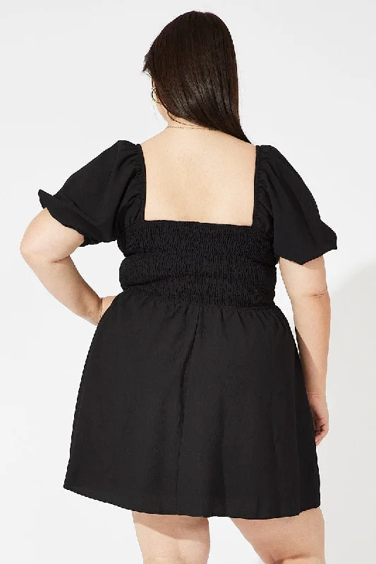 Black Fit And Flare Dress Short Sleeve Shirred Waist