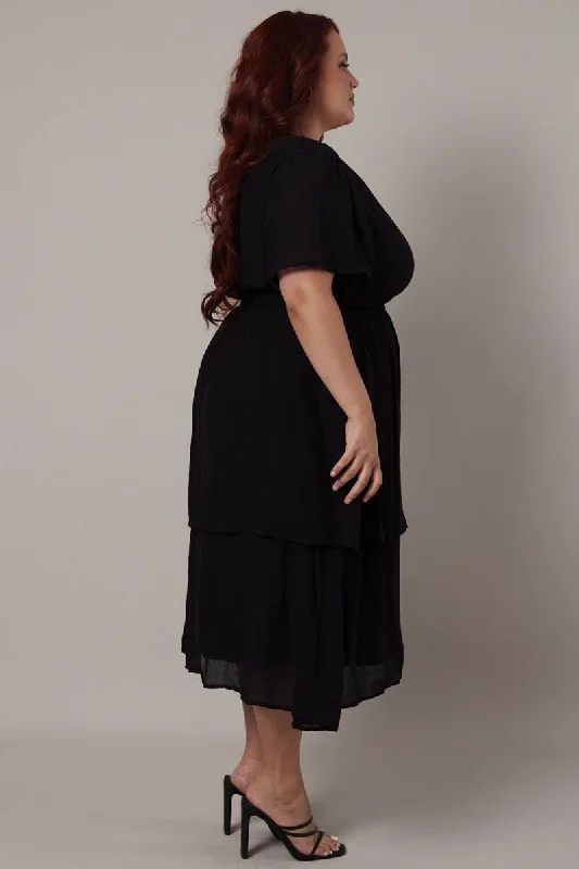 Black Midi Dress Crossover Bust Flare Sleeve