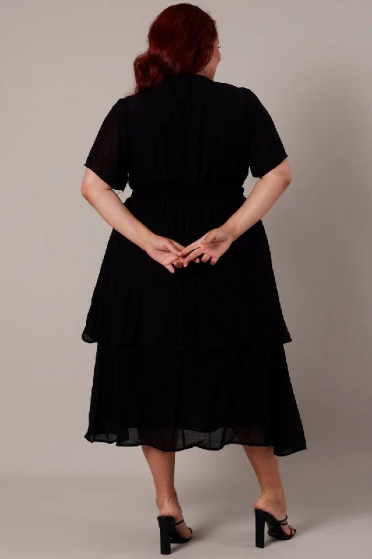 Black Midi Dress Crossover Bust Flare Sleeve