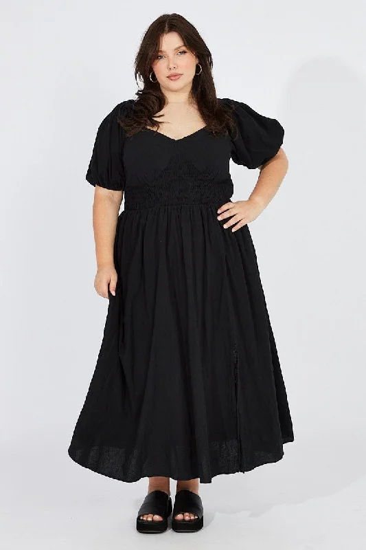 Black Midi Dress Puff Sleeve Front Split