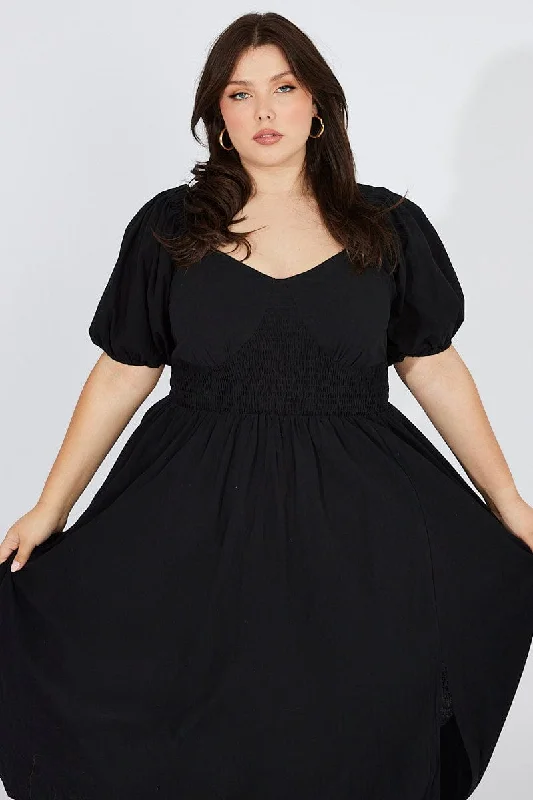 Black Midi Dress Puff Sleeve Front Split