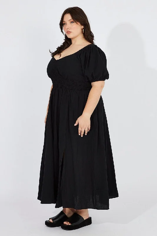 Black Midi Dress Puff Sleeve Front Split