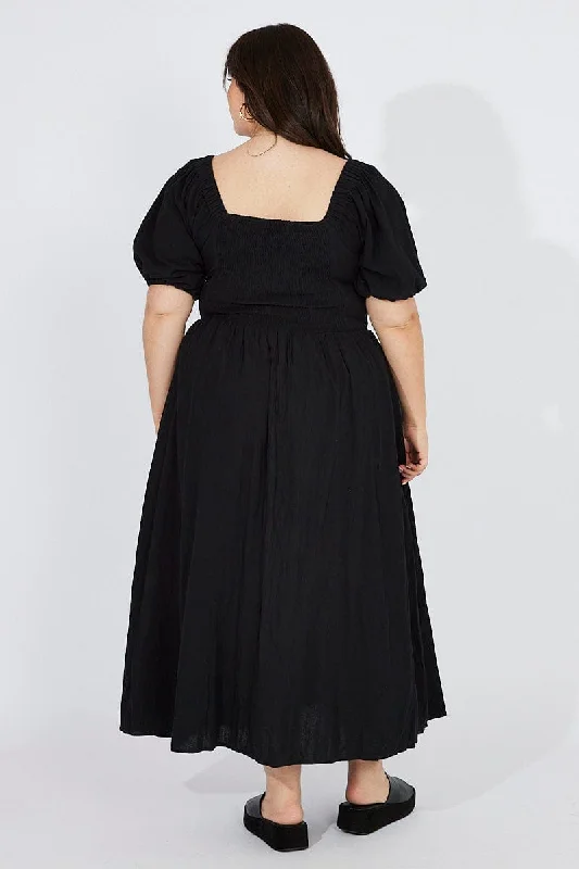 Black Midi Dress Puff Sleeve Front Split