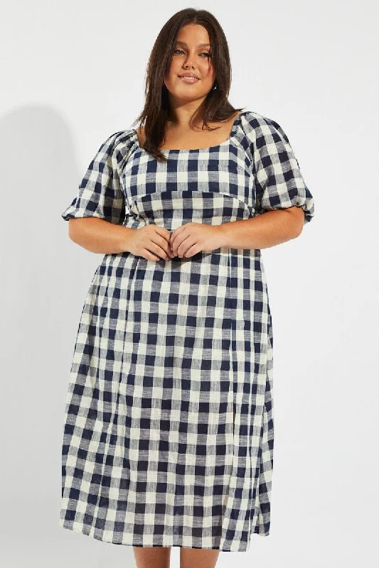 Blue Check Midi Dress With Split And Puff Sleeves