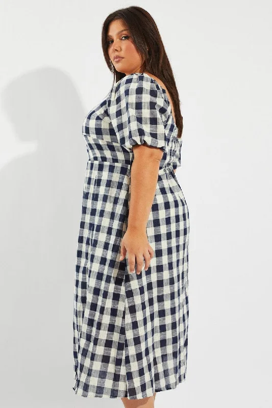 Blue Check Midi Dress With Split And Puff Sleeves