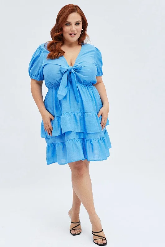 Blue Frill Dress Short Sleeve Tie Front Mini