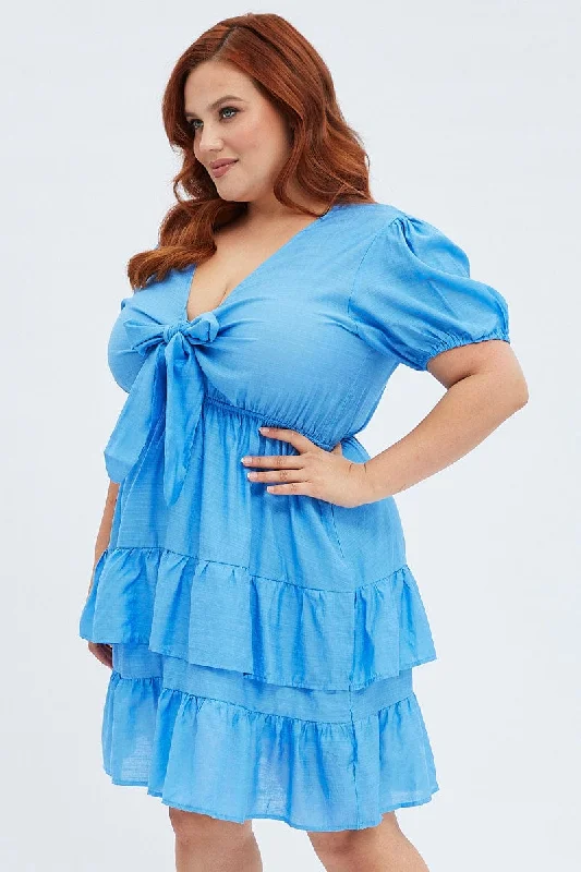 Blue Frill Dress Short Sleeve Tie Front Mini