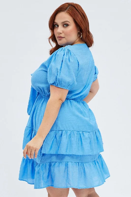 Blue Frill Dress Short Sleeve Tie Front Mini