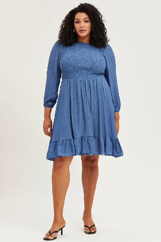 Blue Skater Dress Round Neck Long Sleeve Shirred