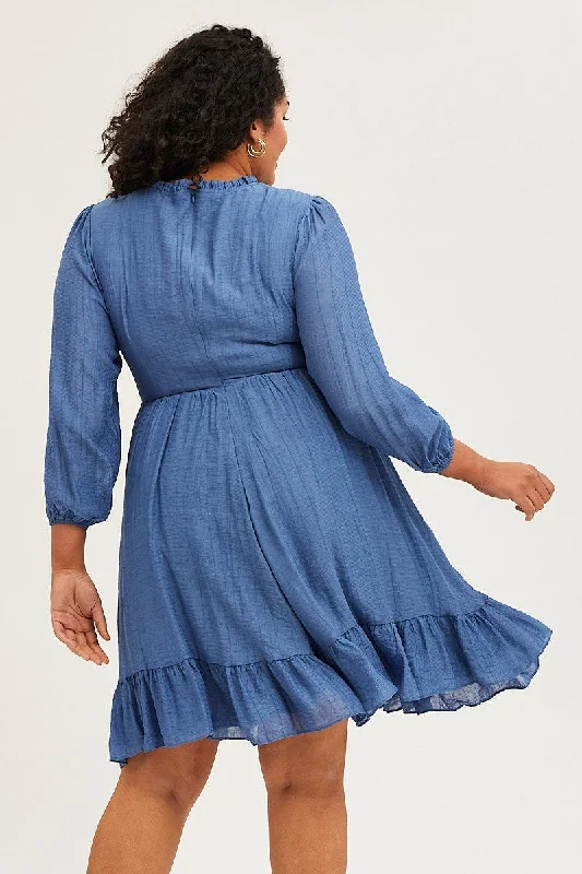 Blue Skater Dress Round Neck Long Sleeve Shirred