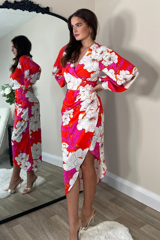 Elsa Red and Pink Floral Wrap Asymmetric Dress