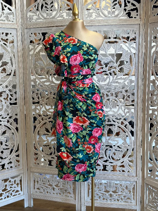 Wrapped Floral One Sleeve Multicolor Dress- Not Stretchy