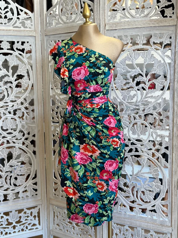 Wrapped Floral One Sleeve Multicolor Dress- Not Stretchy