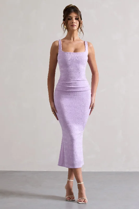 Evora | Lilac Ruched Square-Neck Fishtail Midi Dress