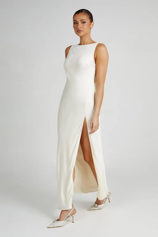 Gemima Satin Maxi Dress With Split - Ivory