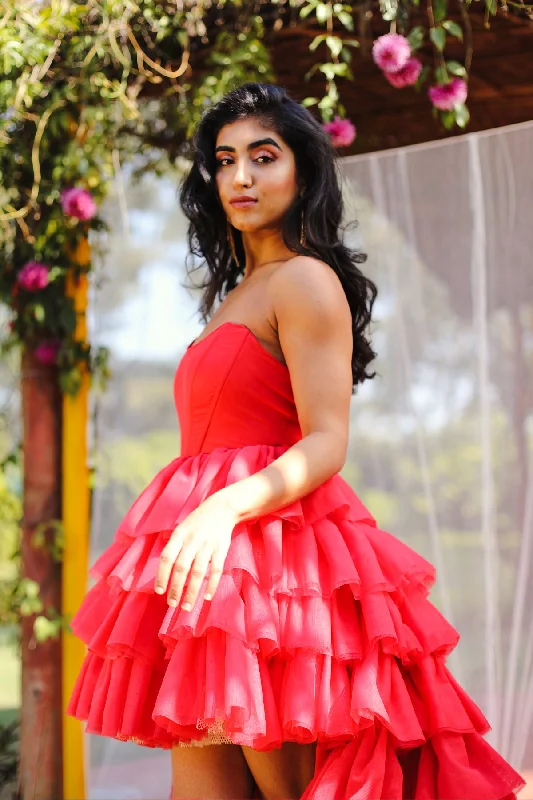 Isabelle Red High-Low Ruffle Tulle Corset Dress