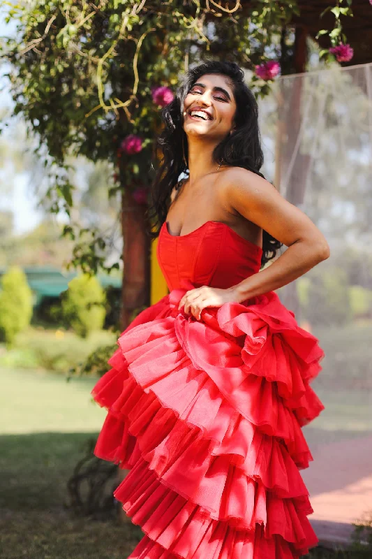 Isabelle Red High-Low Ruffle Tulle Corset Dress