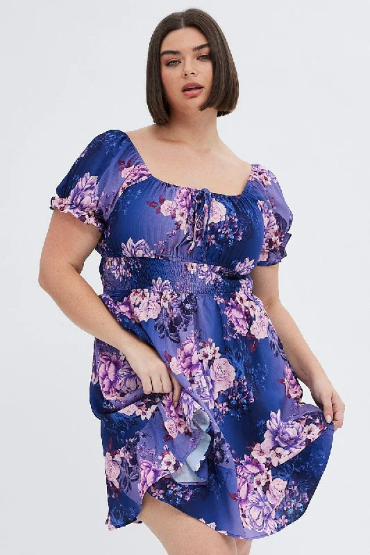 Multi Floral Skater Dress Short Puff Sleeve Crepe Tie Neck