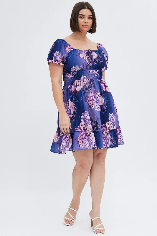 Multi Floral Skater Dress Short Puff Sleeve Crepe Tie Neck