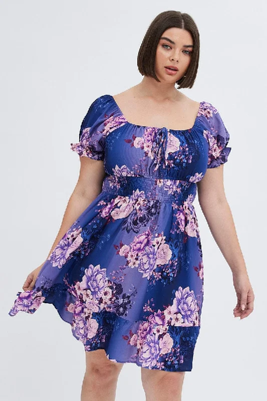 Multi Floral Skater Dress Short Puff Sleeve Crepe Tie Neck