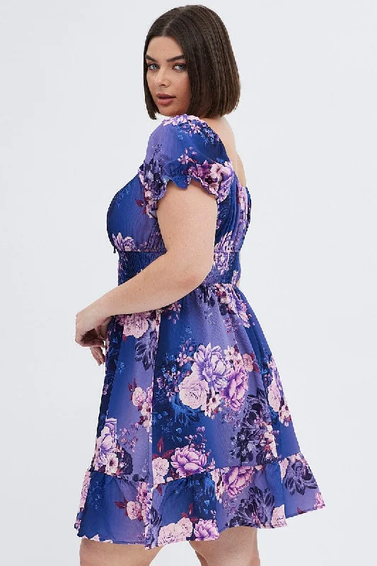 Multi Floral Skater Dress Short Puff Sleeve Crepe Tie Neck